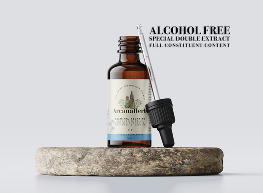 Alcohol free Calming relaxing herbal tincture. Non alcoholic. 1:3 50ml,100ml. Lemonbalm. Reishi, Damiana, Chamomile, Holy basil. Vervain.