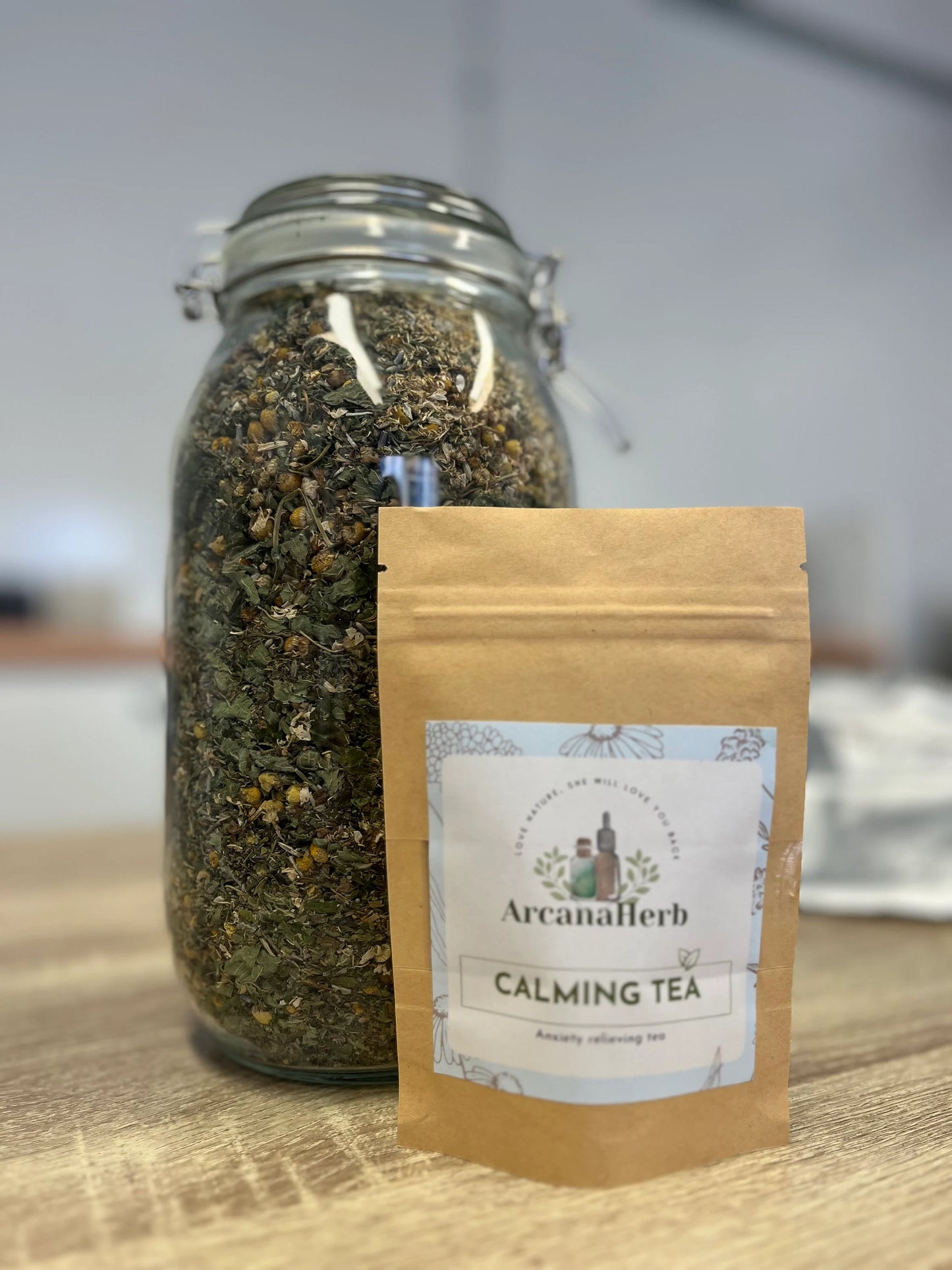 Calm Me Tea blend. Organic, Herbalist Crafted, Clinical grade. 25g, 50g, 100g. Damiana, motherwort, lavender, chamomile. Lemon balm.